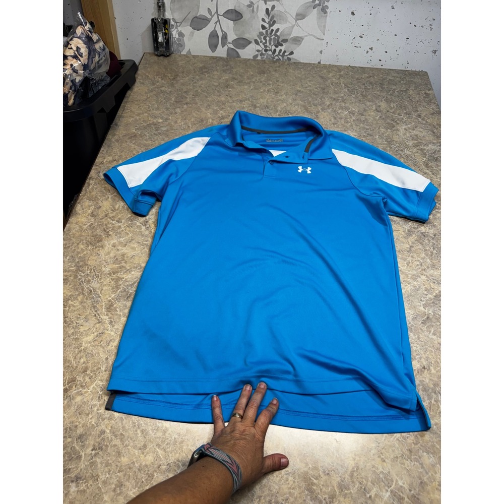 Under Armour Mens Heatgear Polo Shirt Blue White Regular Fit Large LG 4Q20